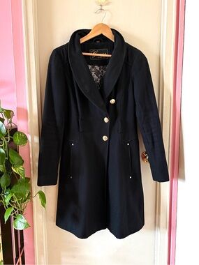 Guess Black Gold-Button Wool Blend Pea Coat